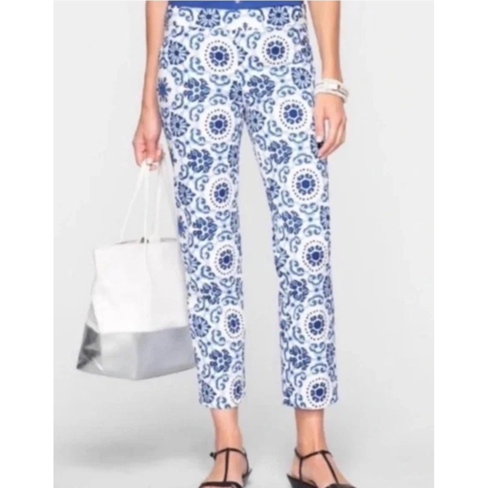 Talbots 8 Mosaic Blue Ankle‎ Pants Women's Mediterranean Tile Print Side Zip